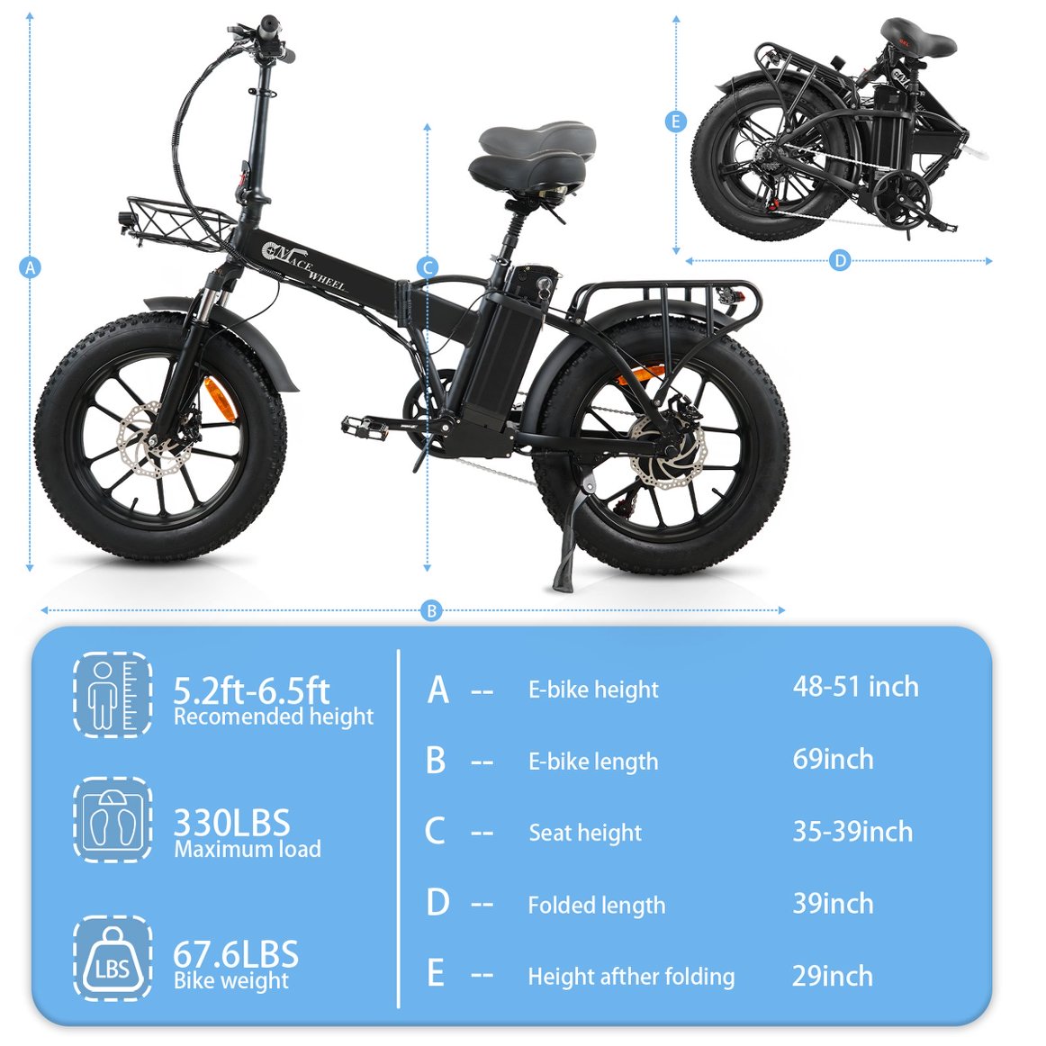 CMACEWHEEL GW20 750W 48V Elektrofahrrad 20 Zoll 4,0 Fat Tire Elektrofahrräder 17Ah Lithiumbatterie Power Elektrofahrrad Klappbares Mountainbike 